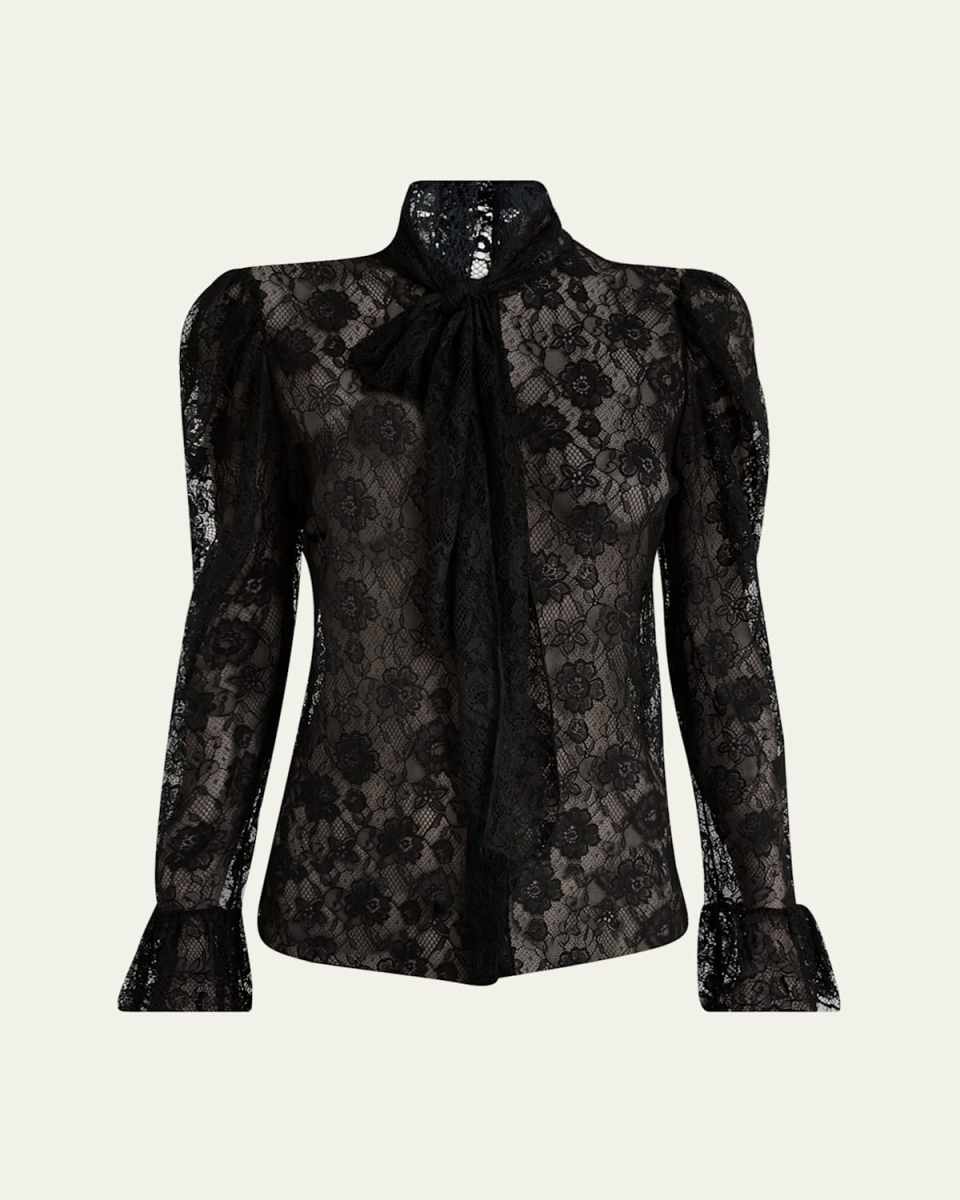 Tie-Neck Lace Button-Down Blouse